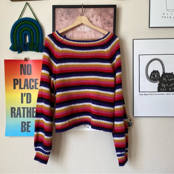 Rue 21 Rainbow Striped Acrylic Knit Boatneck Sweater Size Large - Picture 4 of 5